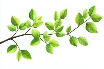 Fototapeta premium Vivid Green Botanical Illustration of a Diagonally Arranged Branch with Lush, Glossy Leaves in Shades of Green and Brown on a Clean White Background for Nature, Health and Wellness
