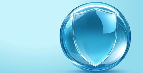 Modern Glossy Shield Encased in Transparent Sphere with Reflective Surface, Blue Background Symbolizing Security and Protection, Digital Icon for Cybersecurity, Trust and Reliability