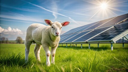 Fototapeta premium Cute Lamb Grazing Solar Farm - Sustainable Energy, Renewable Power, Animal Portrait Photography