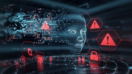 A digital representation of cybersecurity threats, showcasing alerts and a virtual face in a futuristic, data-driven environment.