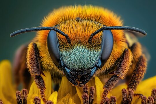 Close up of a bee pollinating a sunflower