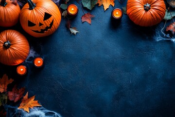 Spooky Halloween Background Pumpkins Candles Autumn Leaves on Dark Blue