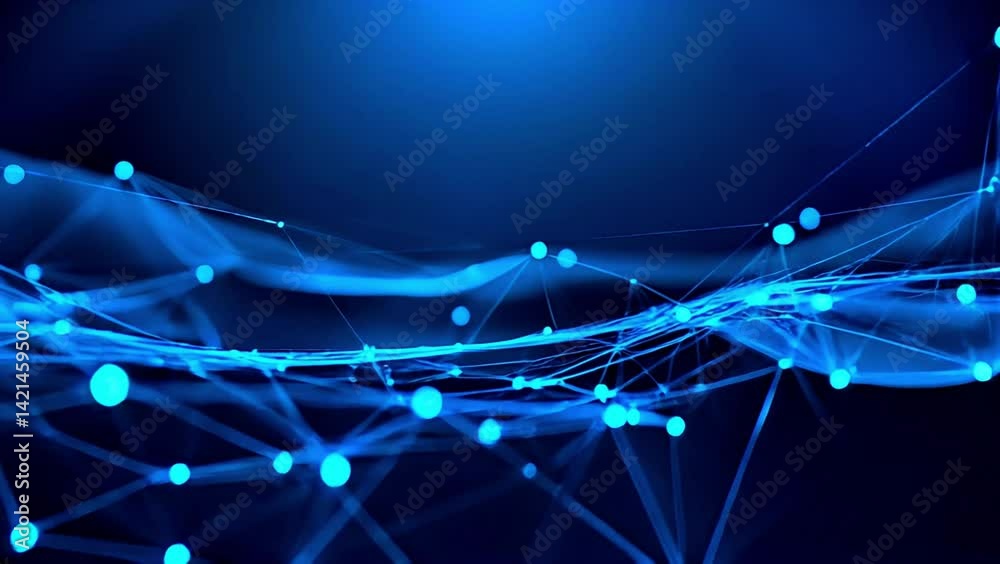 Poster dynamic network graph of interconnected dots and lines in blue tones
