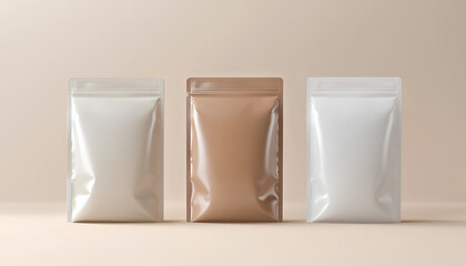 Three stand-up pouches are displayed on a white background in a packaging design mockup for food and coffee products