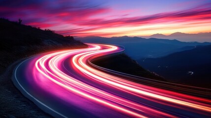 Winding mountain road illuminated by vibrant light trails.
