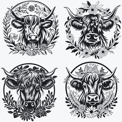 Obraz premium Floral cow svg , Highland cow svg , Highland cow png , Highland cow , Cow Cut file , Cow clipart , Cow dxf , Cow Stencil , Cow Floral svg