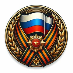 A round icon on the theme of the Victory day on May 9. The badge depicts the Russian flag, a red star, and the St. George ribbon.