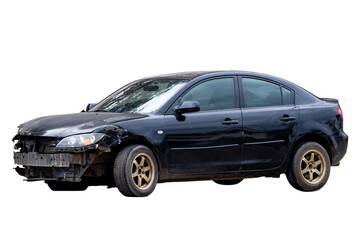 Car crash, Front and Side view of black sedan car get damaged by accident on the road. damaged cars after collision. isolated on transparent background. PNG File
