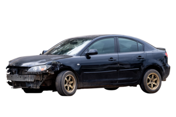 Car crash, Front and Side view of black sedan car get damaged by accident on the road. damaged cars after collision. isolated on transparent background. PNG File