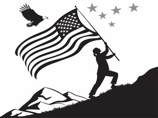 Patriotic American Soldier Raising Flag on Mountain with Eagle and Stars – USA Freedom Art