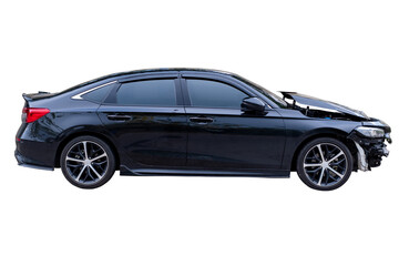 Car crash, Side view of black sedan car get damaged by accident on the road. damaged cars after collision. isolated on transparent background. PNG File