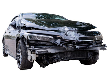 Car crash, Front and Side view of black sedan car get damaged by accident on the road. damaged cars...