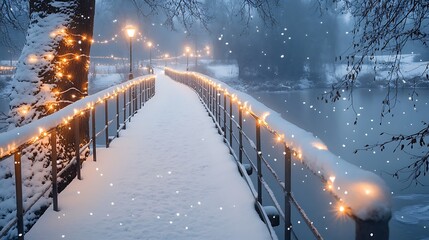 A snow-covered footbridge over a calm, icy river, with fairy lights strung along the handrails, glowing warmly in the gentle snowfall, a magical winter evening.