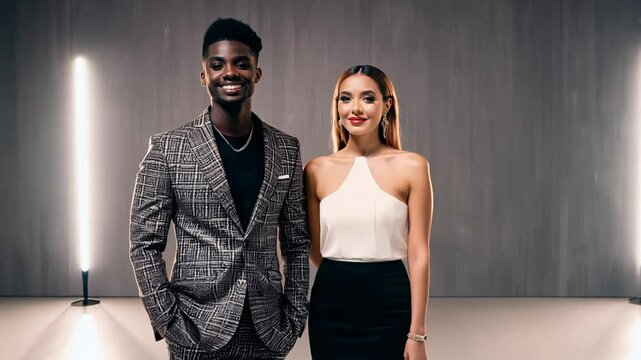 The camera pans right to showcase two friends: one with deep ebony skin in a vibrant patterned suit and one with fair skin in a sleek modern dress, posed in a contemporary studio
