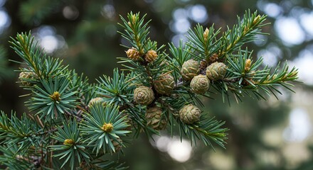 Fototapeta premium Cedar of Lebanon Close Up Featuring Needles and Cone Formations in Detailed Botanical Real Shot Showcasing Lush Greenery and Natural Texture Perfect for Decoration or Botanical Study