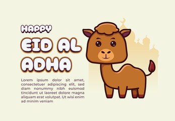 Happy Eid al-Adha with Cute Camel Cartoon Illustration