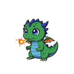 Cute Adorable Cartoon Dragon Breathing Fire Illustration