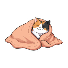 Cute cartoon Cat Snuggled in a Soft Peach Blanket Illustration