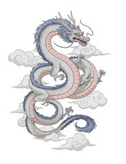 Traditional Chinese Dragon Coiling Among Stylized Clouds
