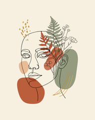 Abstract Botanical Face Line Art with Earthy Tones
