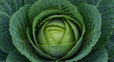 Fototapeta premium Detailed Botanical Close Up Of A Green Cabbage Head Showcasing Intricate Leafy Layers Perfect For Illustrating Nutrition Agriculture And Healthy Eating