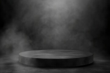 Dark, smoky, circular podium, concrete floor