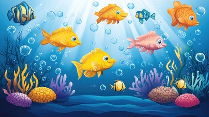 Naklejka premium Vibrant Underwater Scene: Colorful Fish Swimming Amidst Coral Reefs and Bubbles