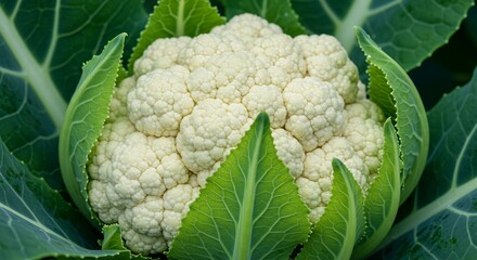 Detailed Botanical Close Up of Creamy White Cauliflower Head Nestled Among Vibrant Green Leaves in Natural Lighting Perfect for Decoration