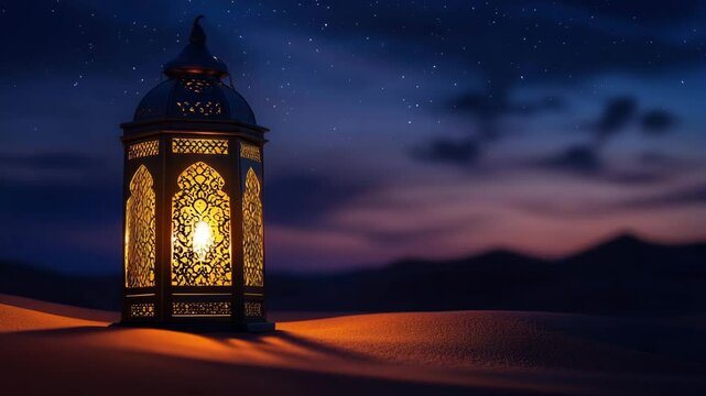 Ornate lantern illuminating the desert night under a starry sky