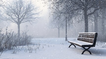 A snow-dusted bench in a quiet park, with barren trees and soft snowfall, the peacefulness of winter mornings captured in every detail.