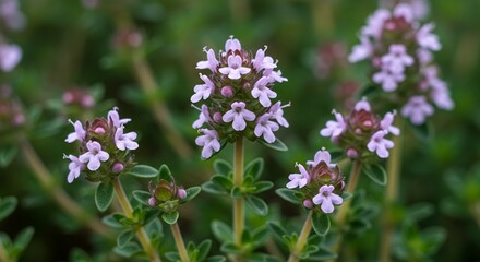 Fototapeta premium Detailed Botanical Close Up of Thyme Thymus Vulgaris with Leaf Arrangement and Flower Clusters in Natural Lighting a Perfect Addition for Botanical Decoration and Educational Materials