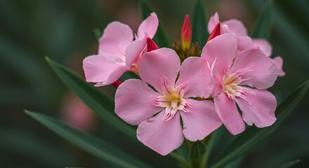 Fototapeta premium Detailed Botanical Display of Pink Nerium Oleander Flowers and Green Leaves Perfect for Illustrative or Decorative Use and Botanical Studies