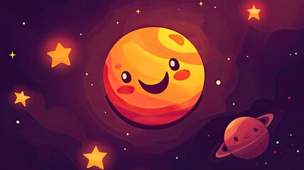 Adorable Cartoon Planets in Space: A Whimsical Cosmic Scene Featuring Smiling Celestial Bodies and Twinkling Stars