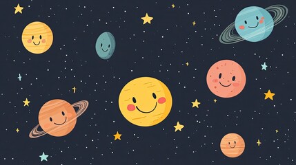 Adorable Smiling Planets in a Starry Night Sky: A whimsical cosmic illustration featuring cheerful planetary characters against a backdrop of twinkling stars.