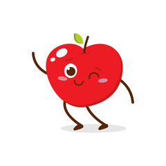 Cute red apple cartoon character with winking eye, showing a Excited pose. Perfect for kids illustrations, healthy food designs, or educational materials. Isolated on white background with soft shadow