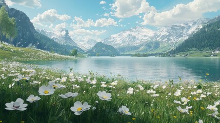 Majestic mountain landscape with blooming flowers and serene lake under a blue sky filled with fluffy clouds