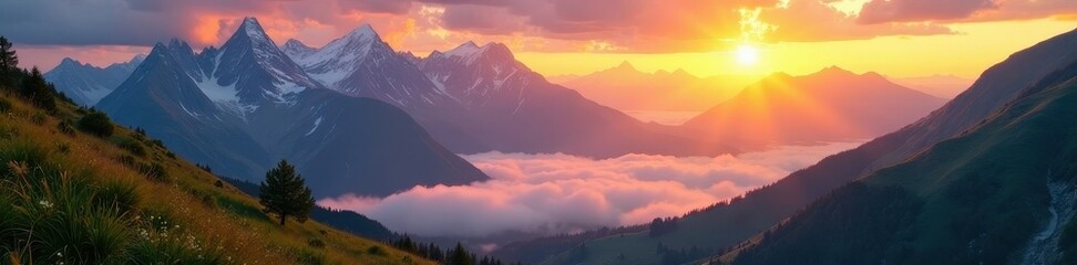 Obraz premium Golden sunrise paints alpine peaks, mist-shrouded valley below , view, horizon, landscape
