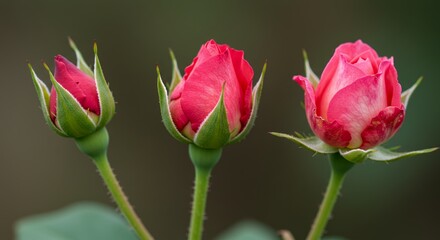 Detailed Botanical Real Shot of Garden Rose Rosa Chinensis Capturing Bud to Petal Transition with Natural Light and Elegant Details Against a Soft Green Backdrop
