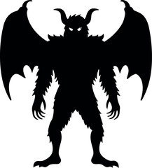 Fototapeta premium Silhouette of Furry Winged Creature with Horns and Sharp Claws on Isolated White