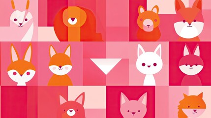 Adorable Geometric Animal Mosaic: A Colorful Pink and Orange Delight Featuring Foxes, Cats, Rabbits, and a Lion