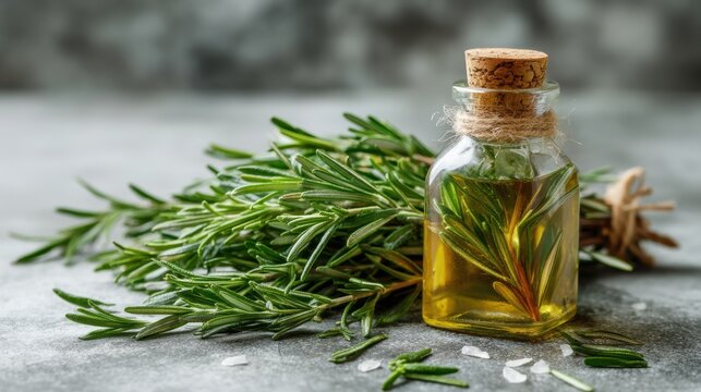 Rosemary infused olive oil. A glass bottle of rosemary oil beside fresh rosemary sprigs on a textured surface.