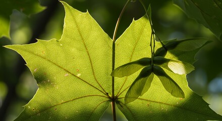 Detailed Botanical Real Shot of Maple Acer Saccharum Depicting Leaf Veins and Seed Samaras with Sunlit Background in Forest