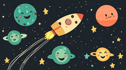 Joyful Space Adventure: A Cartoon Rocket Soaring Through a Galaxy of Smiling Planets and Twinkling Stars