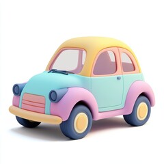 Minimalist 3D icon of a colorful pastel toy car with smooth rounded edges, designed in soft gradient shades on a white background. Perfect for kid-friendly or playful content.