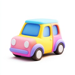 Minimalist 3D icon of a colorful pastel toy car with smooth rounded edges, designed in soft gradient shades on a white background. Perfect for kid-friendly or playful content.