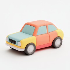 Minimalist 3D icon of a colorful pastel toy car with smooth rounded edges, designed in soft gradient shades on a white background. Perfect for kid-friendly or playful content.