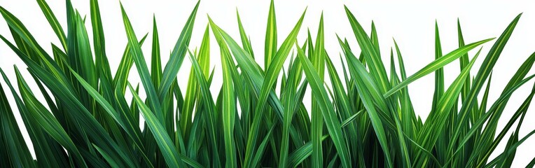 Close-Up Vertical Green Grass Blades with Variegation and Glossy Texture on White Background for Botanical, Nature, Environmental and Gardening Stock Photography Exhibiting Natural