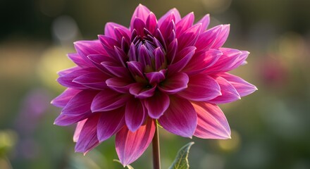 Fototapeta premium Detailed Botanical Real Shot of Pink Dahlia Pinnata Displaying Intricate Petal Arrangement and Visible Stem Structure with Soft Bokeh Background Perfect for Decoration