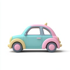 Minimalist 3D icon of a colorful pastel toy car with smooth rounded edges, designed in soft gradient shades on a white background. Perfect for kid-friendly or playful content.