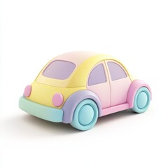 Minimalist 3D icon of a colorful pastel toy car with smooth rounded edges, designed in soft gradient shades on a white background. Perfect for kid-friendly or playful content.